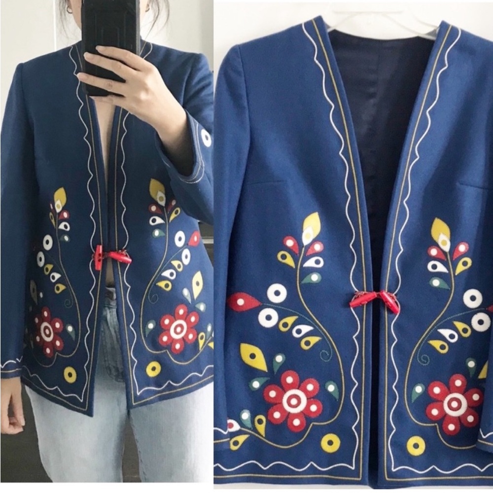 Vintage Floral Embroidered Blazer Jacket Blue S